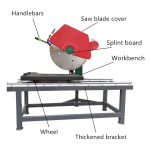 Stone cutting saw with sliding worktable, blade cover and support frame