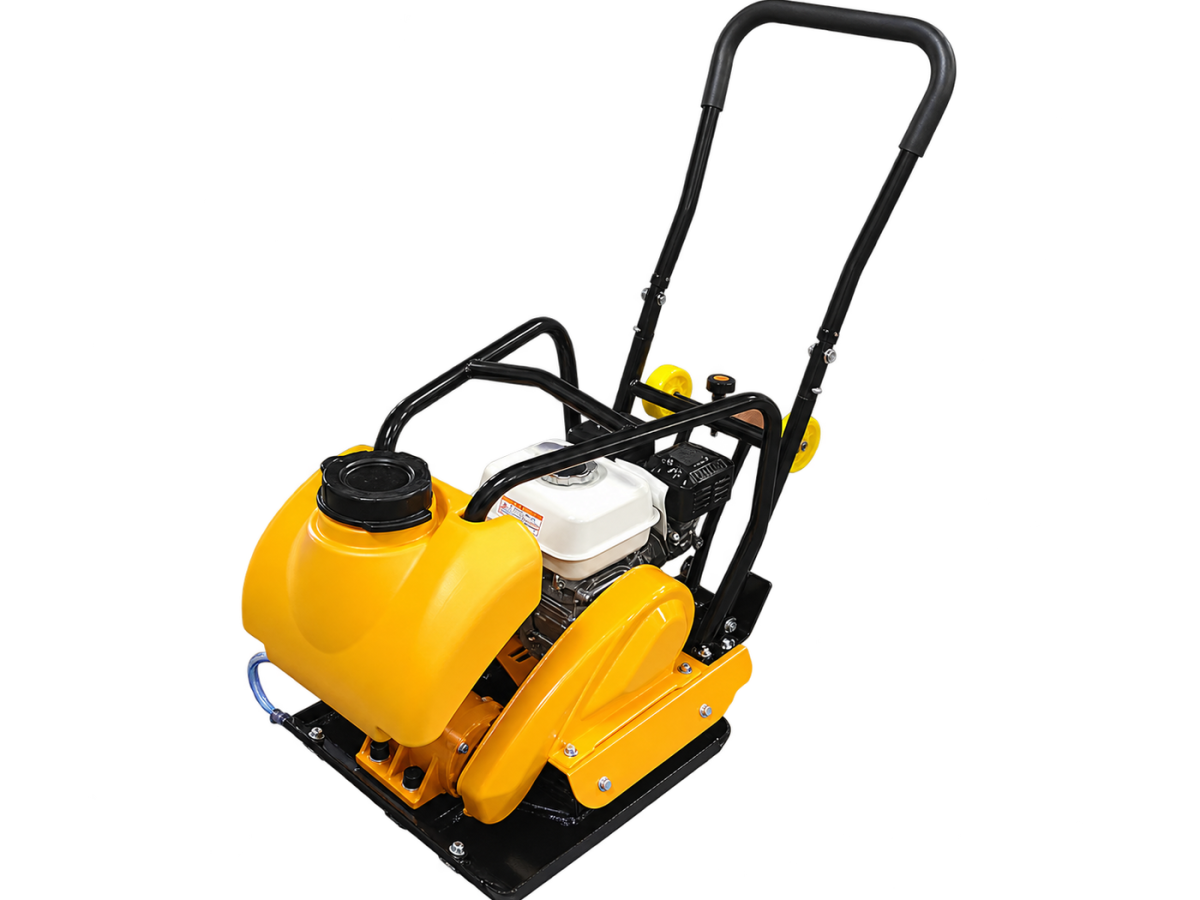 Yellow C90 plate compactor with water tank, engine and handle