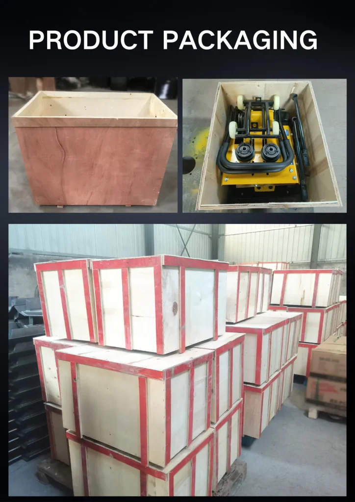 Supplier packing reference with plate compactor in wooden crates
