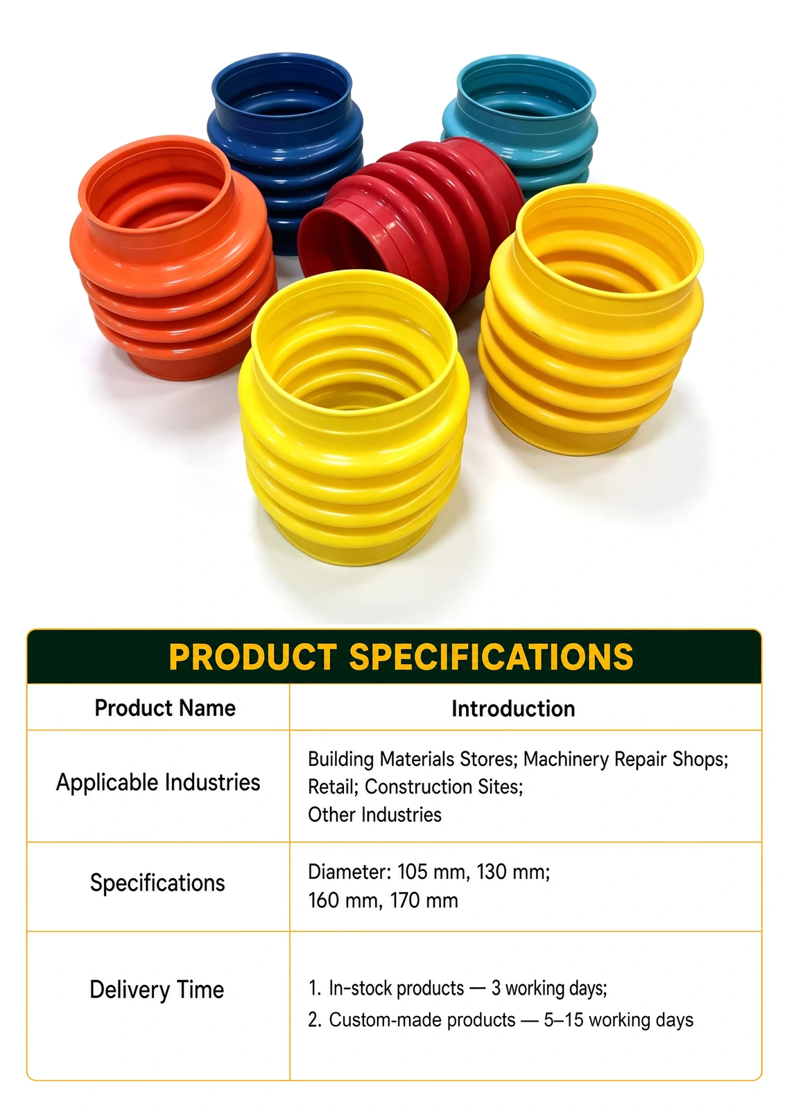 Supplier specification panel with size options; drawing required