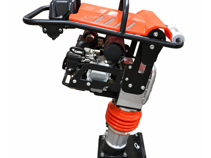 HCR130 tamping rammer, whole-machine source view with the orange housing and tamping foot; confirm the supplied engine version.