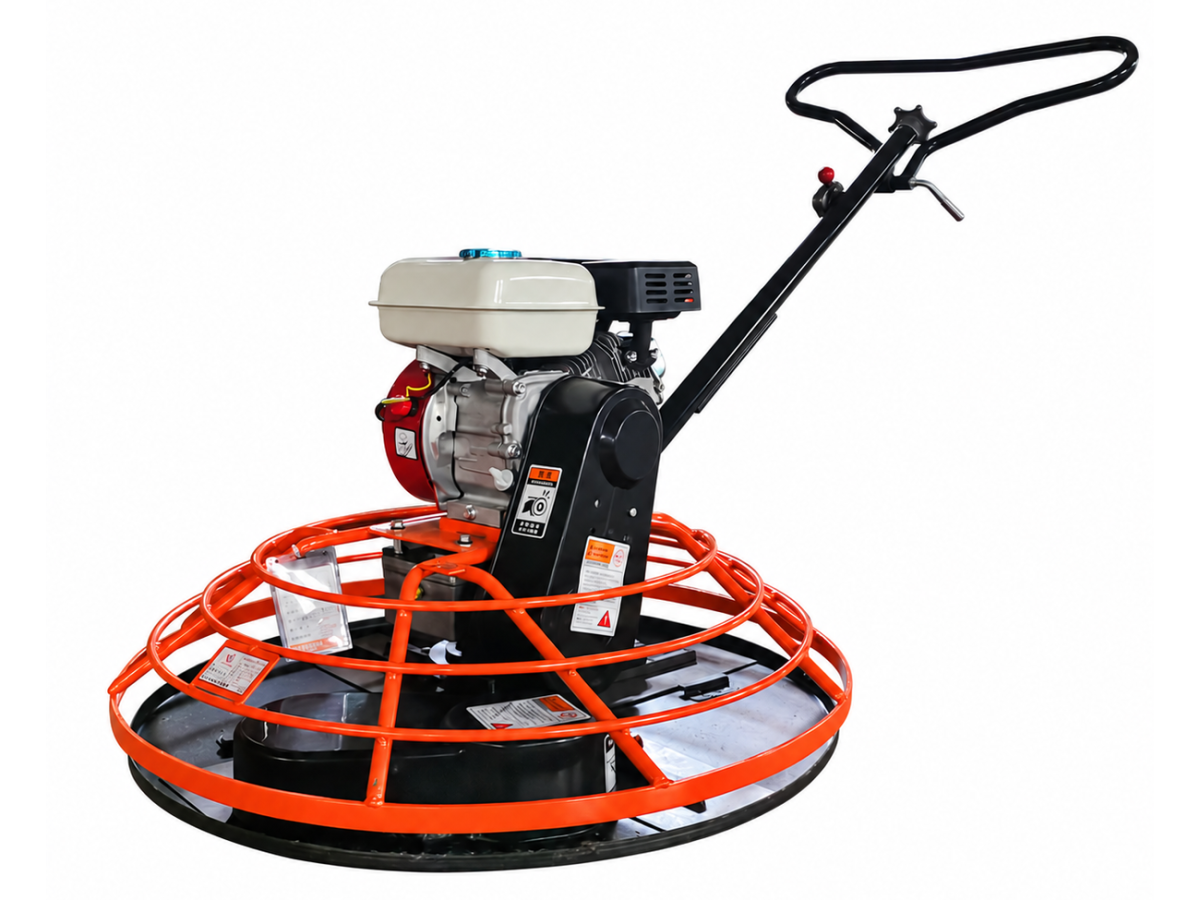 1000 mm walk-behind power trowel, whole-machine source view with the red guard cage; confirm the engine and blade set supplied.