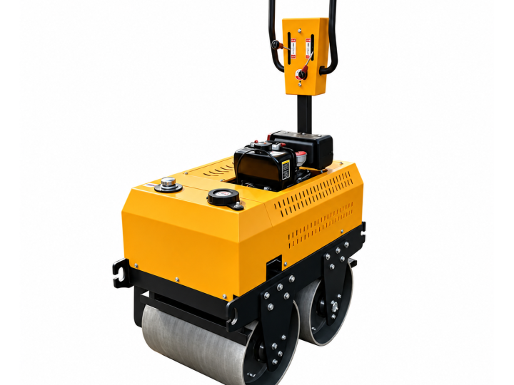 AL600 walk-behind double-drum roller, whole-machine source view with the exposed drum assembly and control handle.