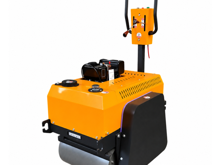 D600-1 walk-behind double-drum roller, whole-machine source view with the drum side cover and control handle.