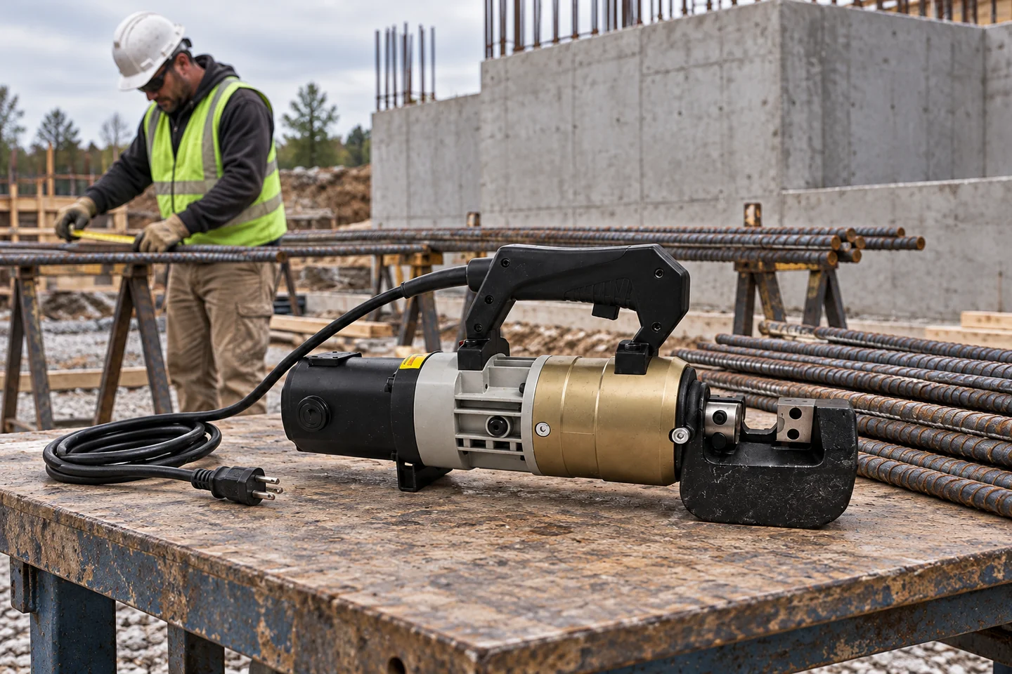 AI-generated illustration of a portable hydraulic rebar cutter at a jobsite preparation bench