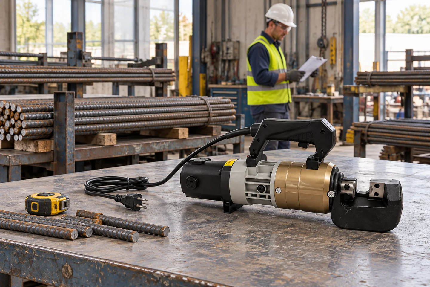 AI-generated illustration of rebar batch preparation in a fabrication workshop