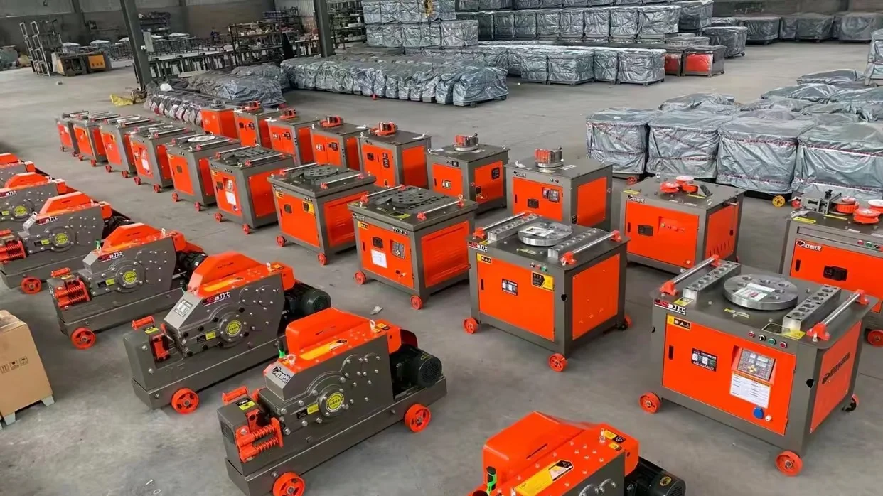 Rebar cutting and bending equipment in the workshop.